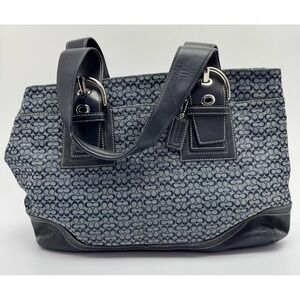 RARE! COACH Navy Lg Signature Business Shoulder Bag Tote Z15330 EUC Leather Trim